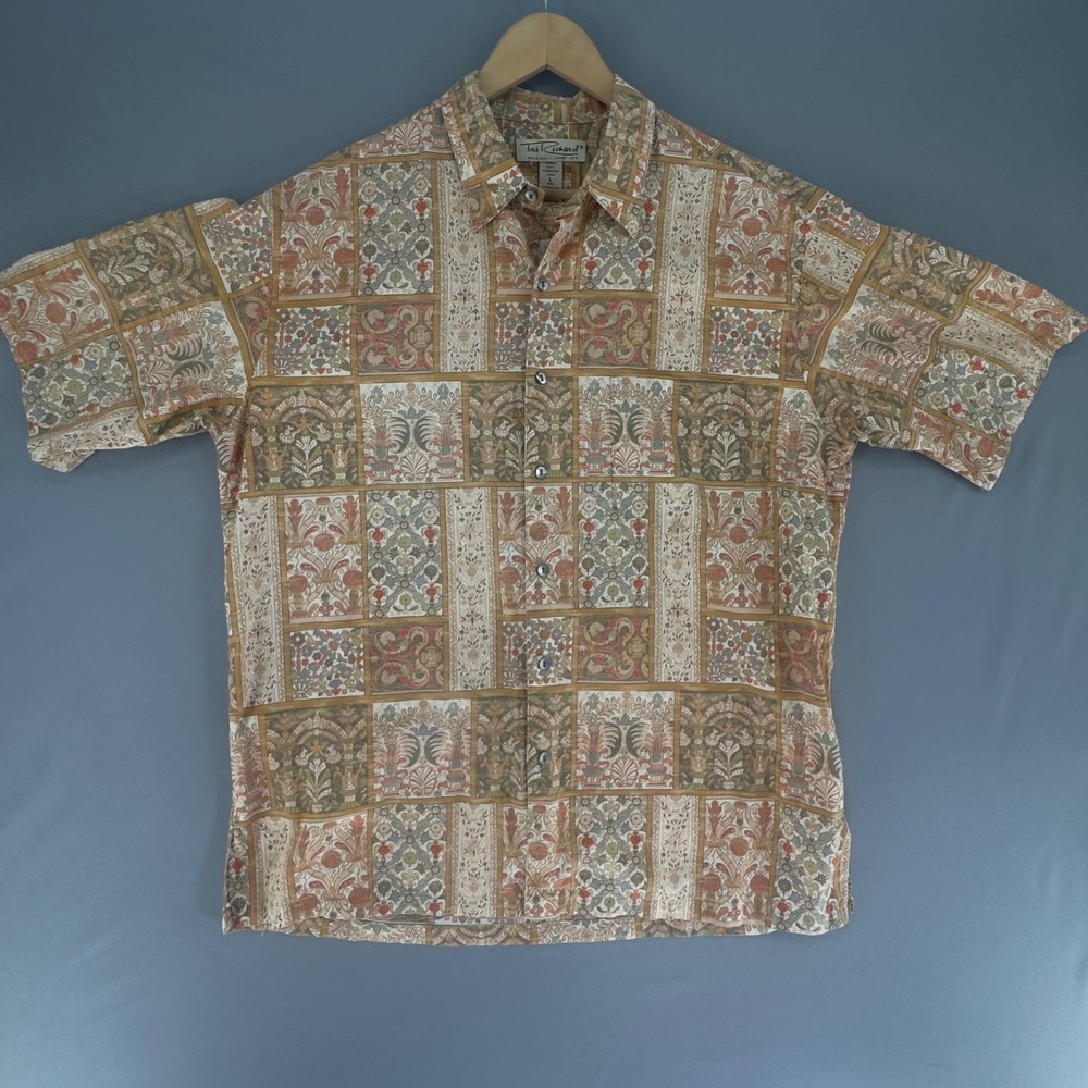VTG Tori Richard Honolulu Mens Large Cotton Lawn Tile Print Aloha Shirt Brown